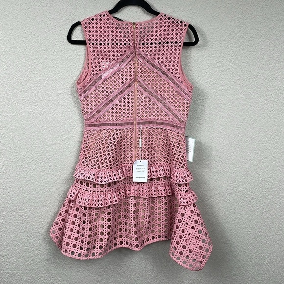 NWT Self-Portrait Crosshatch Frill Mini Dress Pink Guipure Lace Barbie Sz 8 - Picture 8 of 16